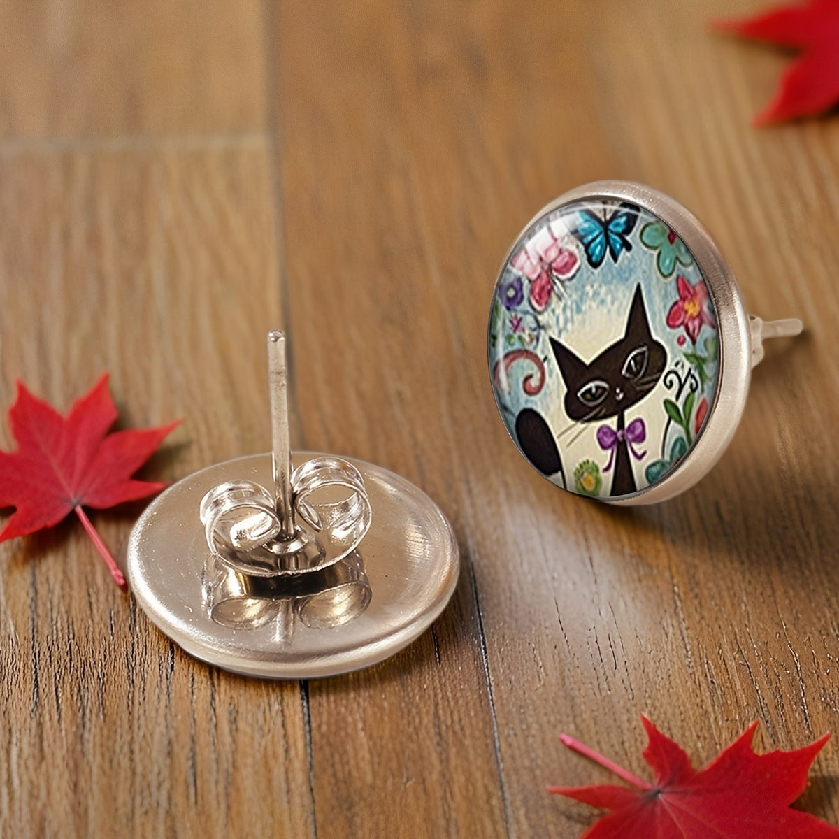 Black Cat Floral Dome Stud Earrings