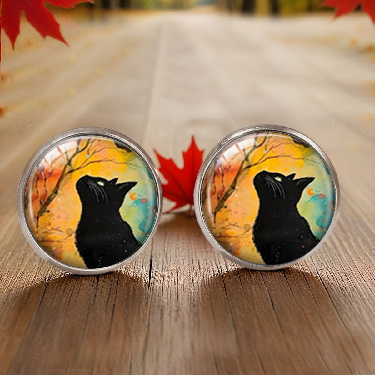 Autumn Tree Black Cat Stud Earrings