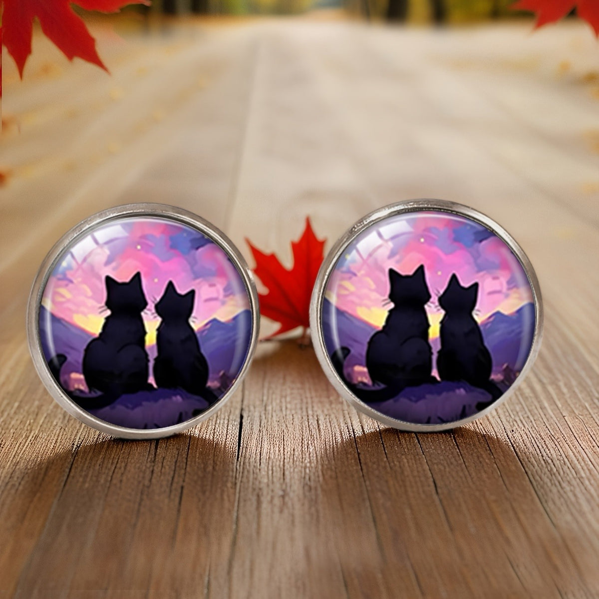Sunset Cat Silhouette Stud Earrings