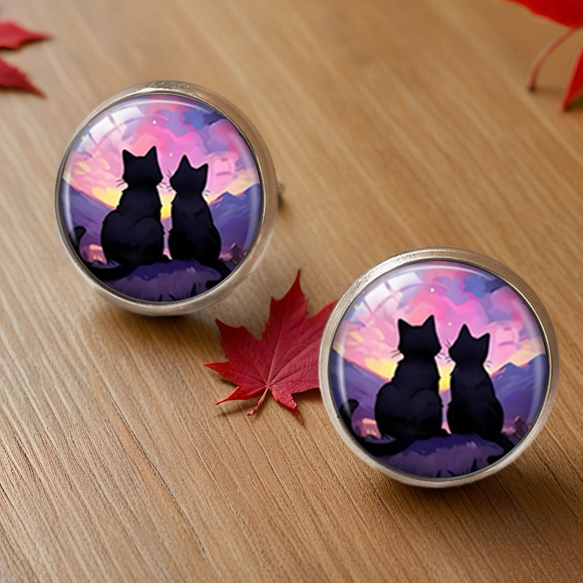 Sunset Cat Silhouette Stud Earrings