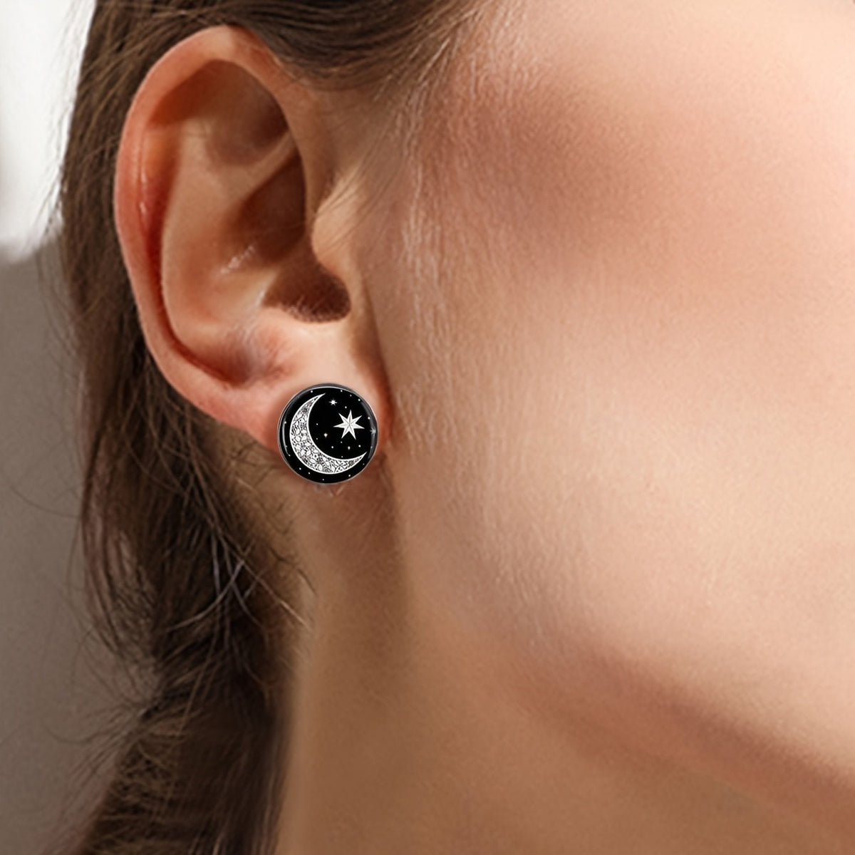 Black Moon & Star Disc Stud Earrings