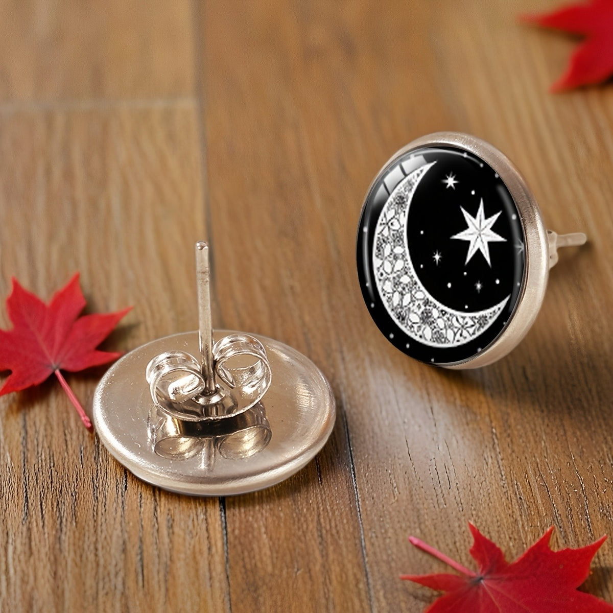 Black Moon & Star Disc Stud Earrings