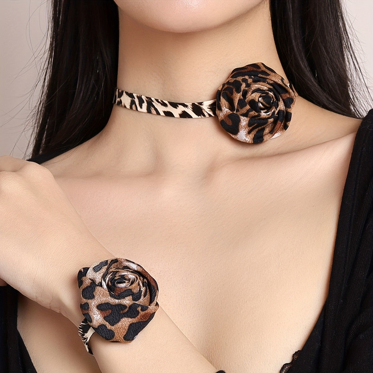 Leopard Print Flower Choker & Bracelet Set