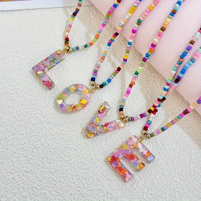 Colorful Heart Resin Letter Necklace