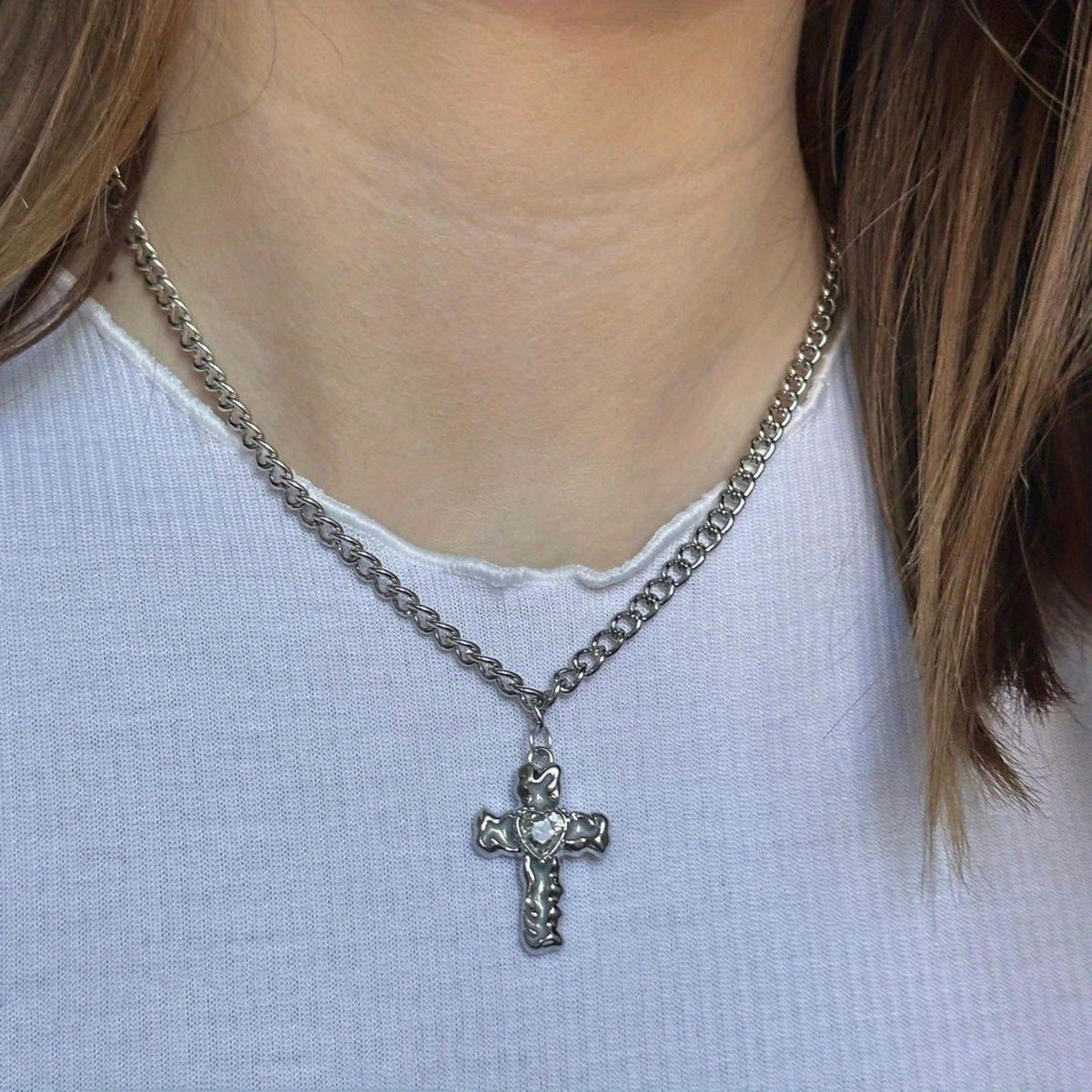 Liquid Cross Glass Heart Necklace