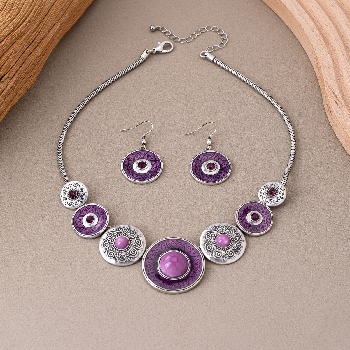 Purple Medallion Necklace & Earring Set