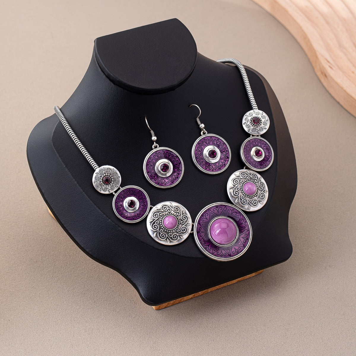 Purple Medallion Necklace & Earring Set