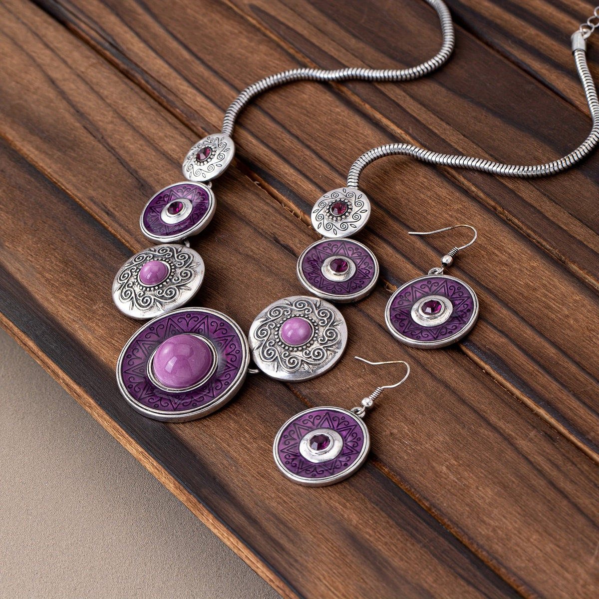 Purple Medallion Necklace & Earring Set