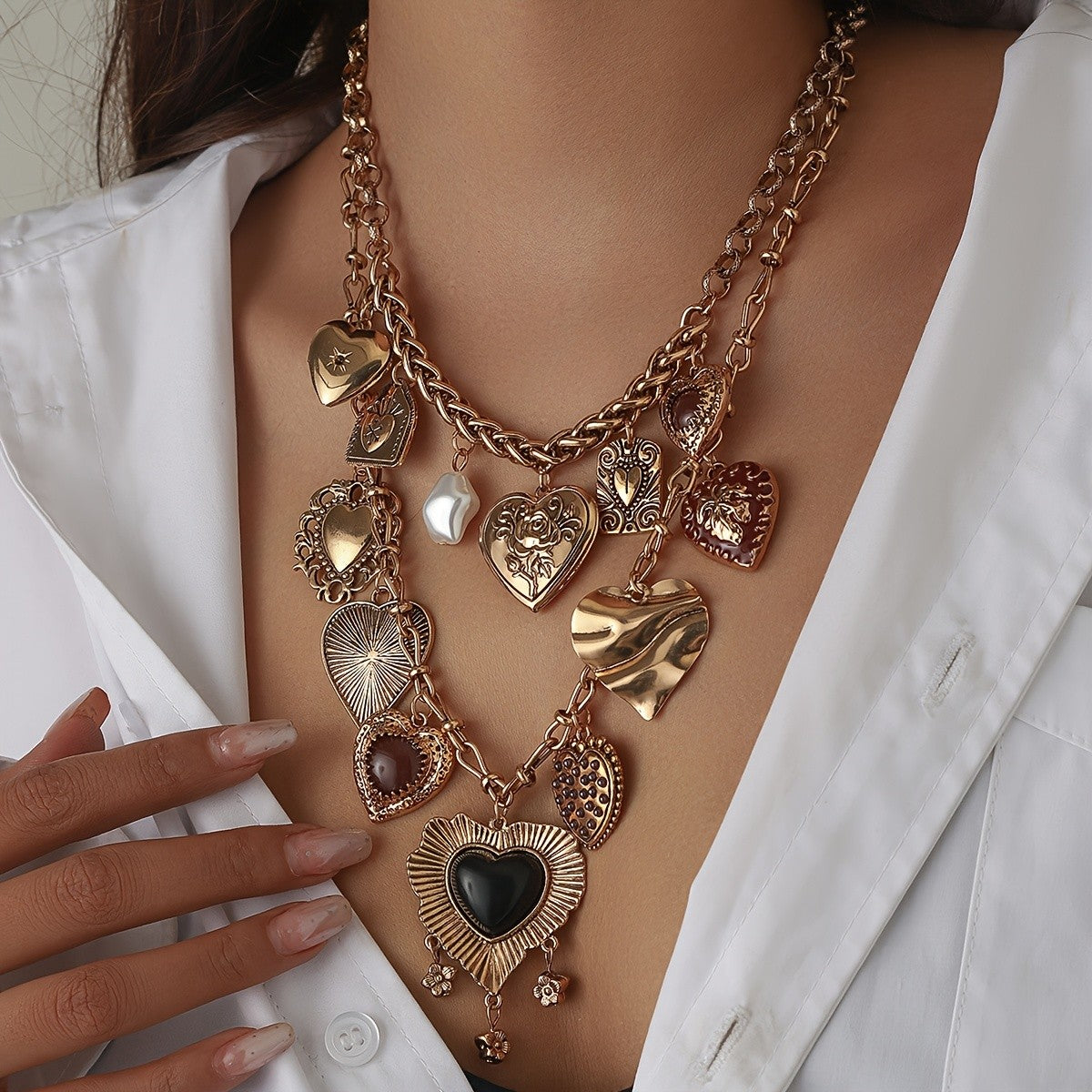 Mixed Textured Heart Layered Necklace
