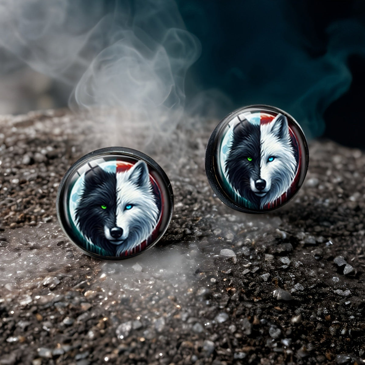 Yin Yang Wolf Stud Earrings