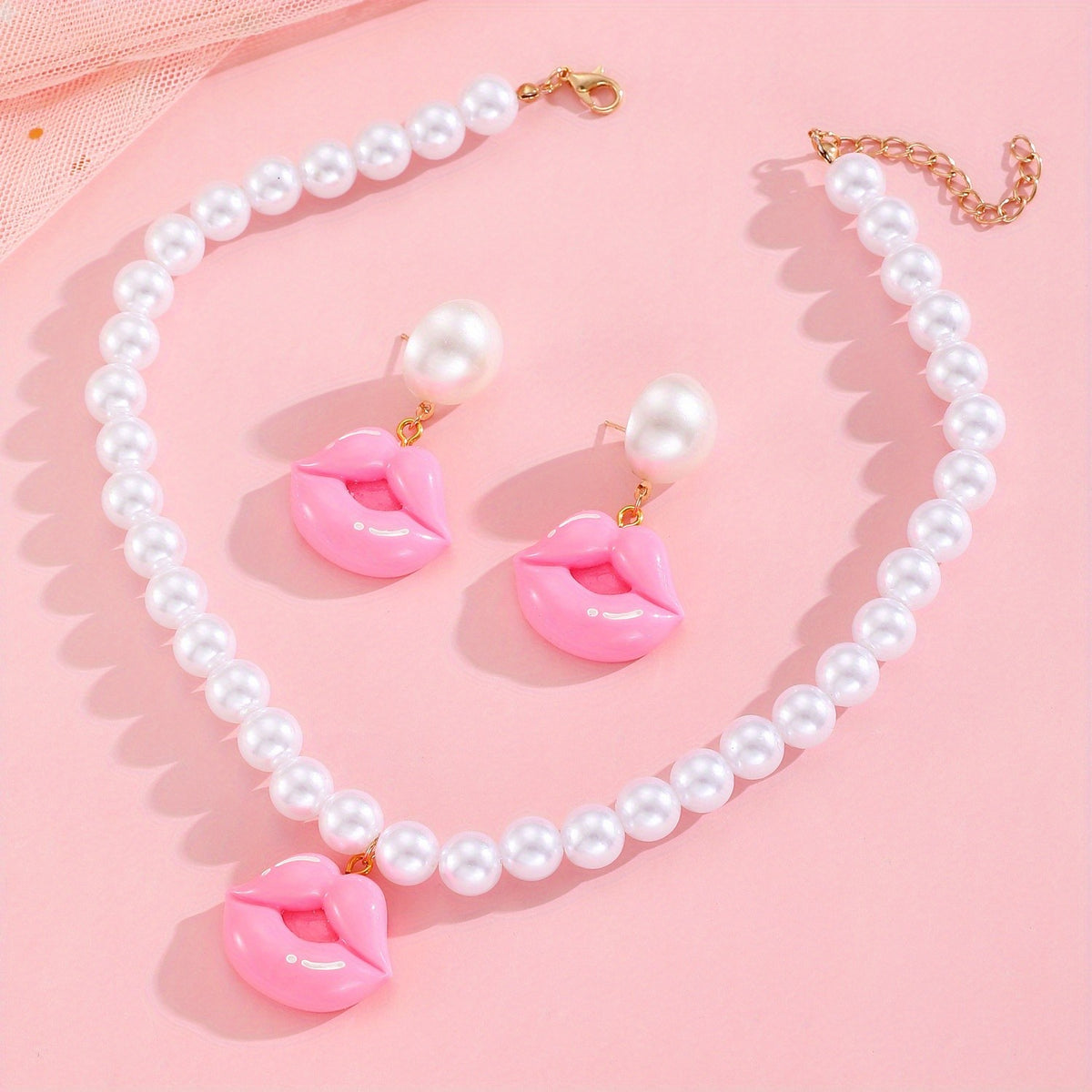 Pink Lips Pearl Necklace & Earring Set