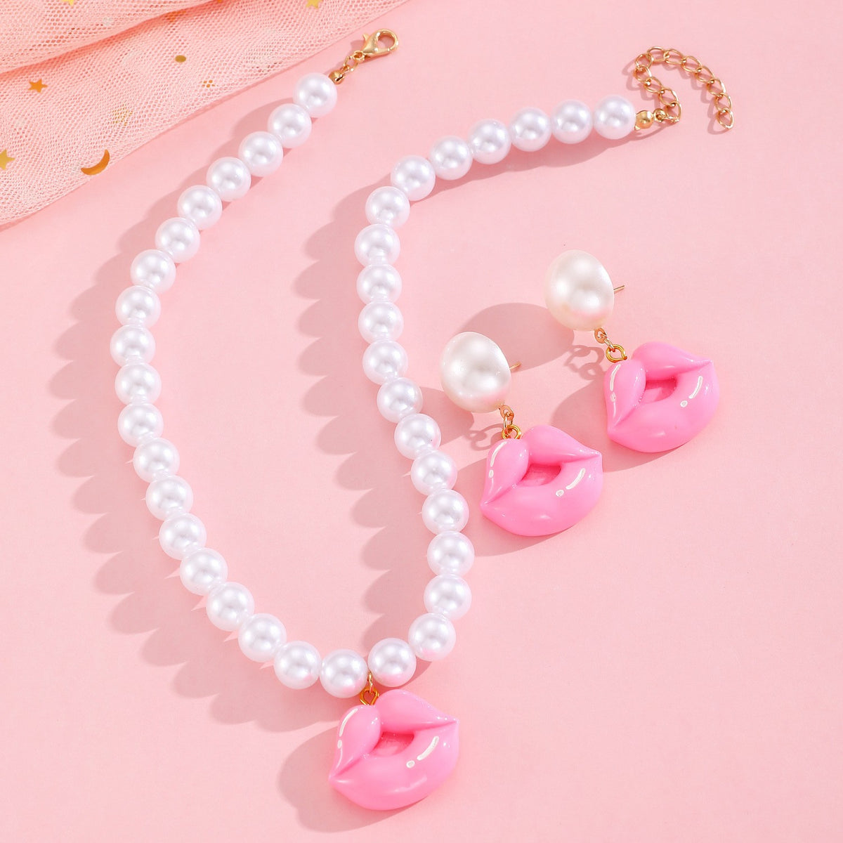 Pink Lips Pearl Necklace & Earring Set