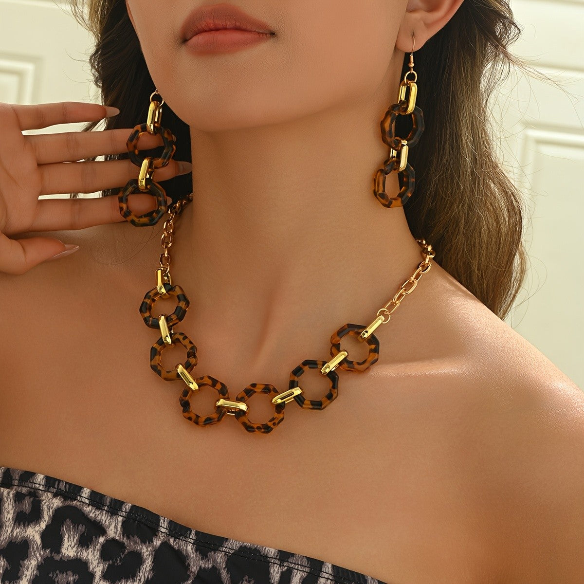 Leopard Geometric Necklace & Earring Set