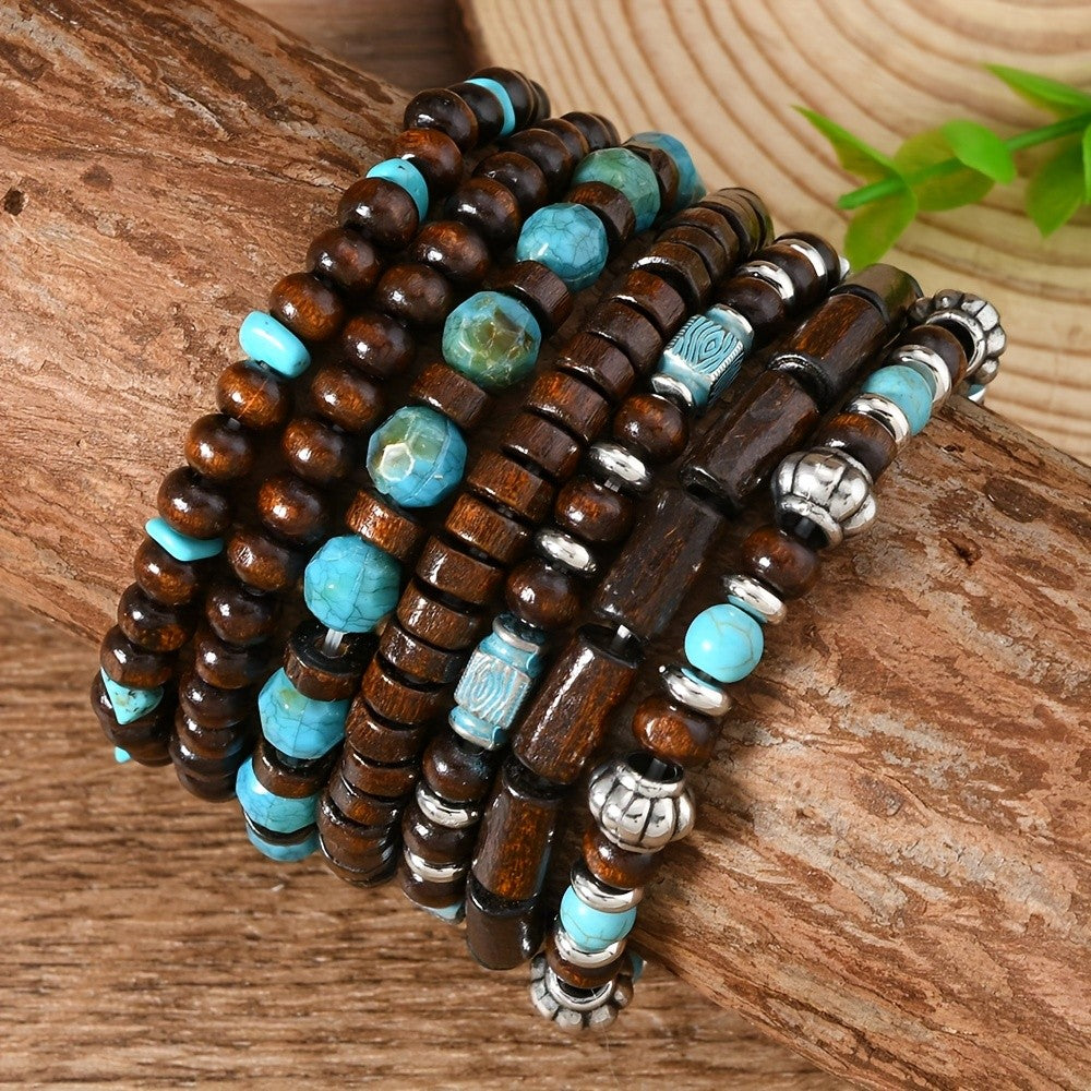 Wood & Turquoise Bead Bracelet Set
