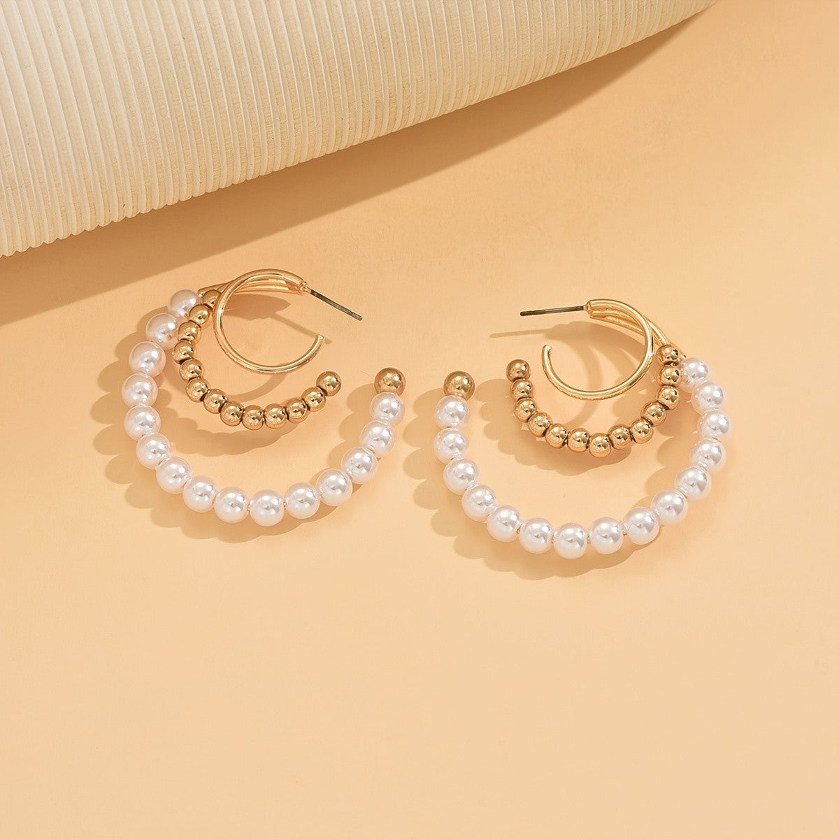 C-Shaped Pearl & Gold Bead Earrings