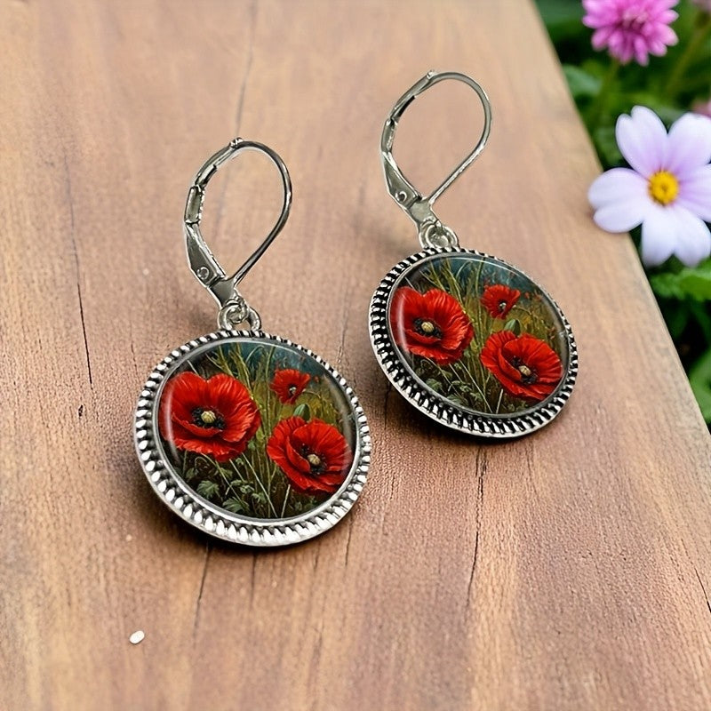 Red Poppy Round Dangle Earrings