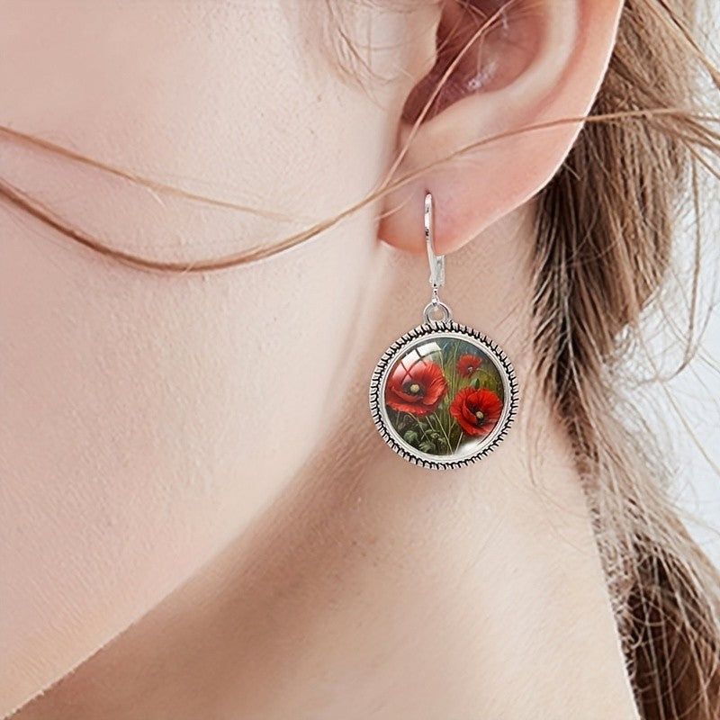 Red Poppy Round Dangle Earrings