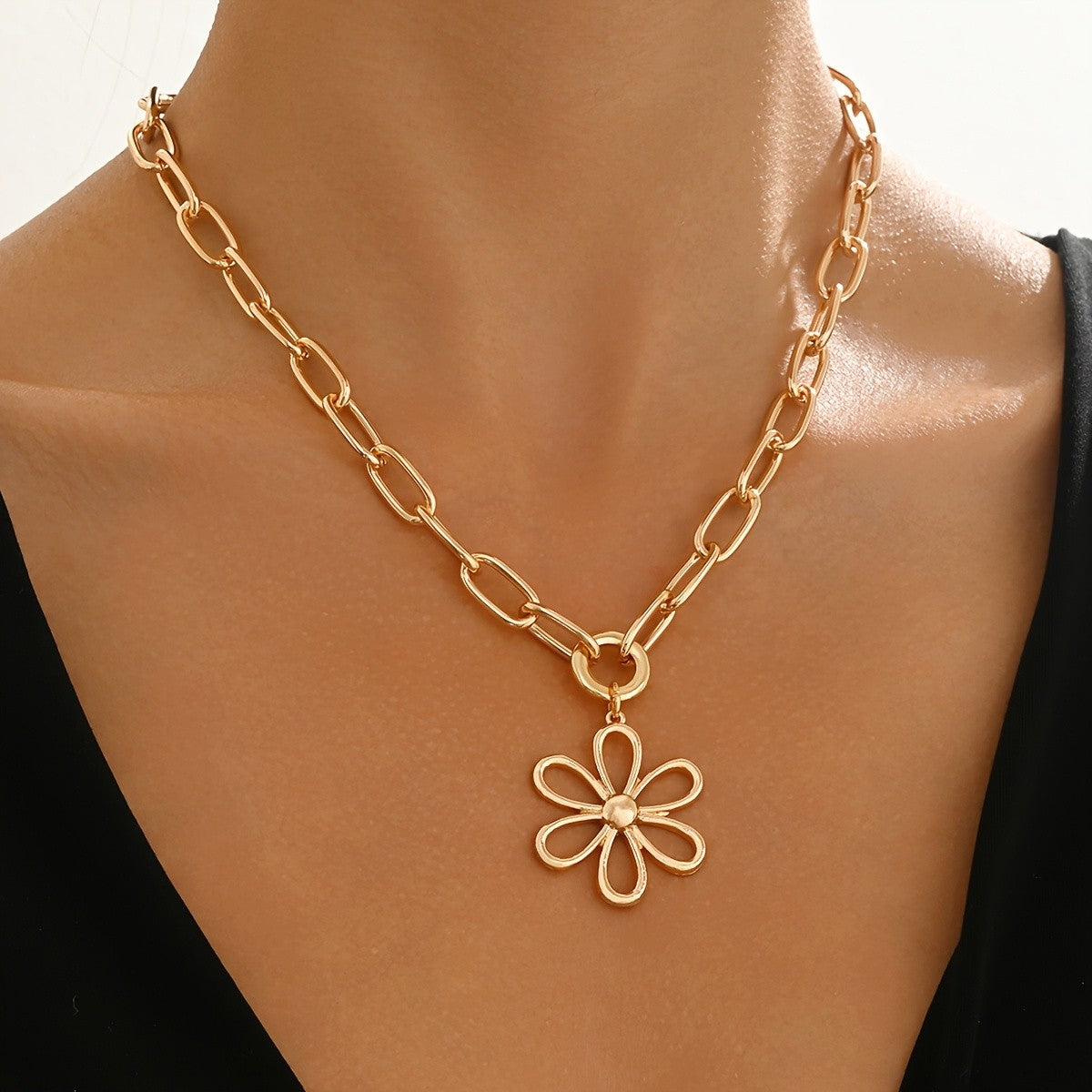 Open Flower Oval Link Necklace