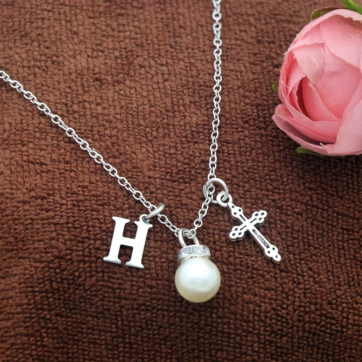 Initial Pearl & Cross Charm Necklace
