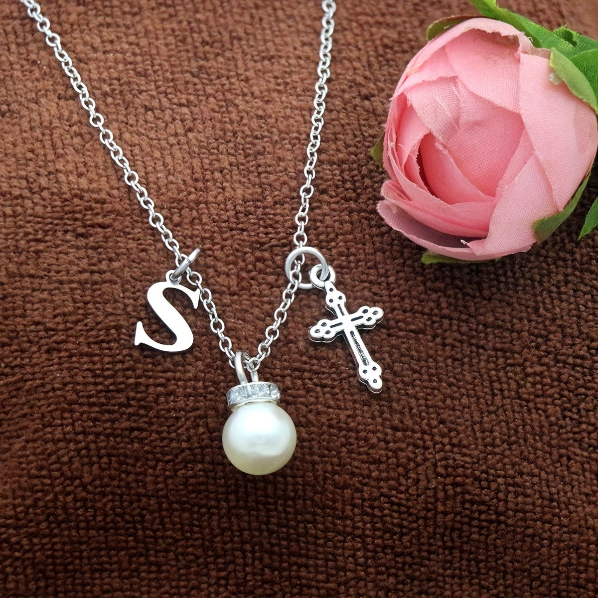 Initial Pearl & Cross Charm Necklace