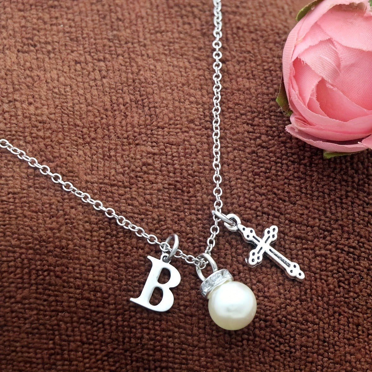 Initial Pearl & Cross Charm Necklace
