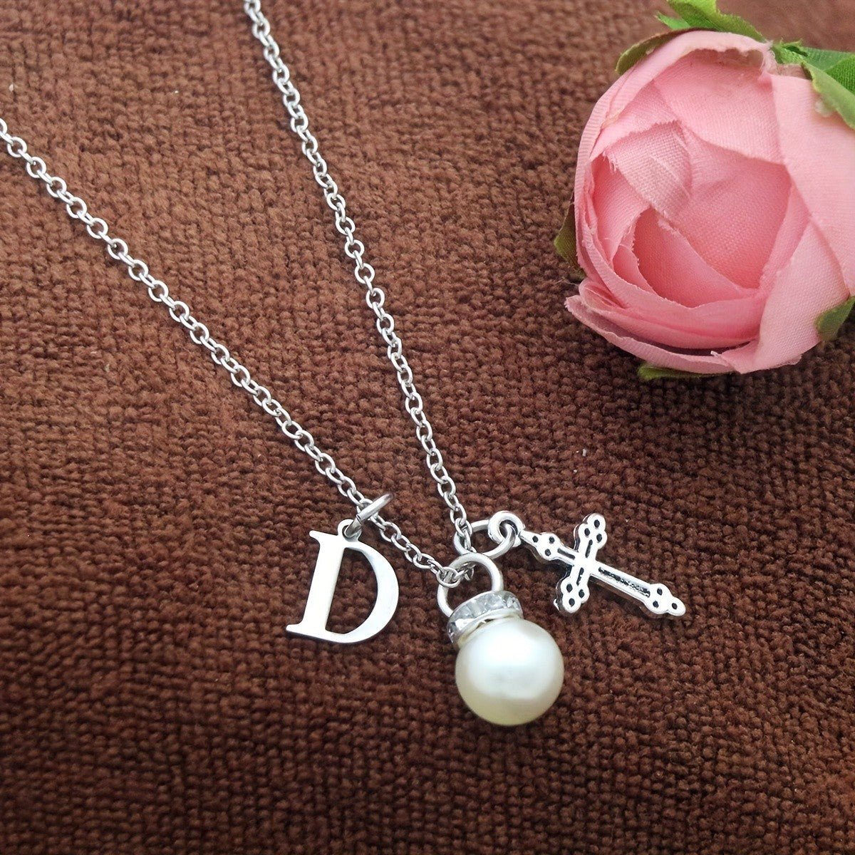 Initial Pearl & Cross Charm Necklace