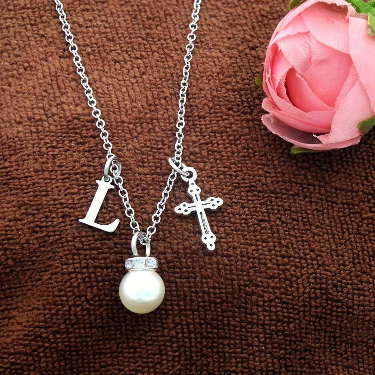 Initial Pearl & Cross Charm Necklace