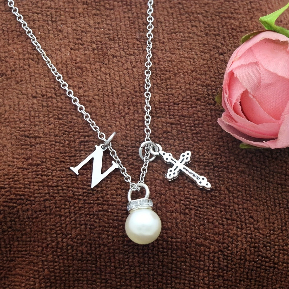 Initial Pearl & Cross Charm Necklace