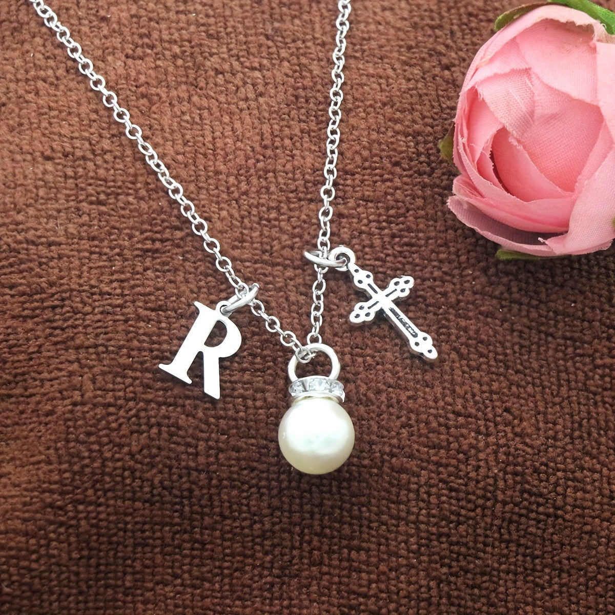 Initial Pearl & Cross Charm Necklace