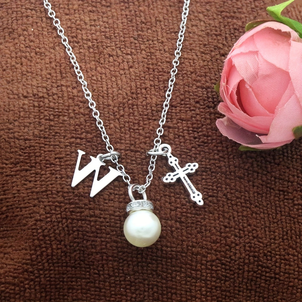 Initial Pearl & Cross Charm Necklace