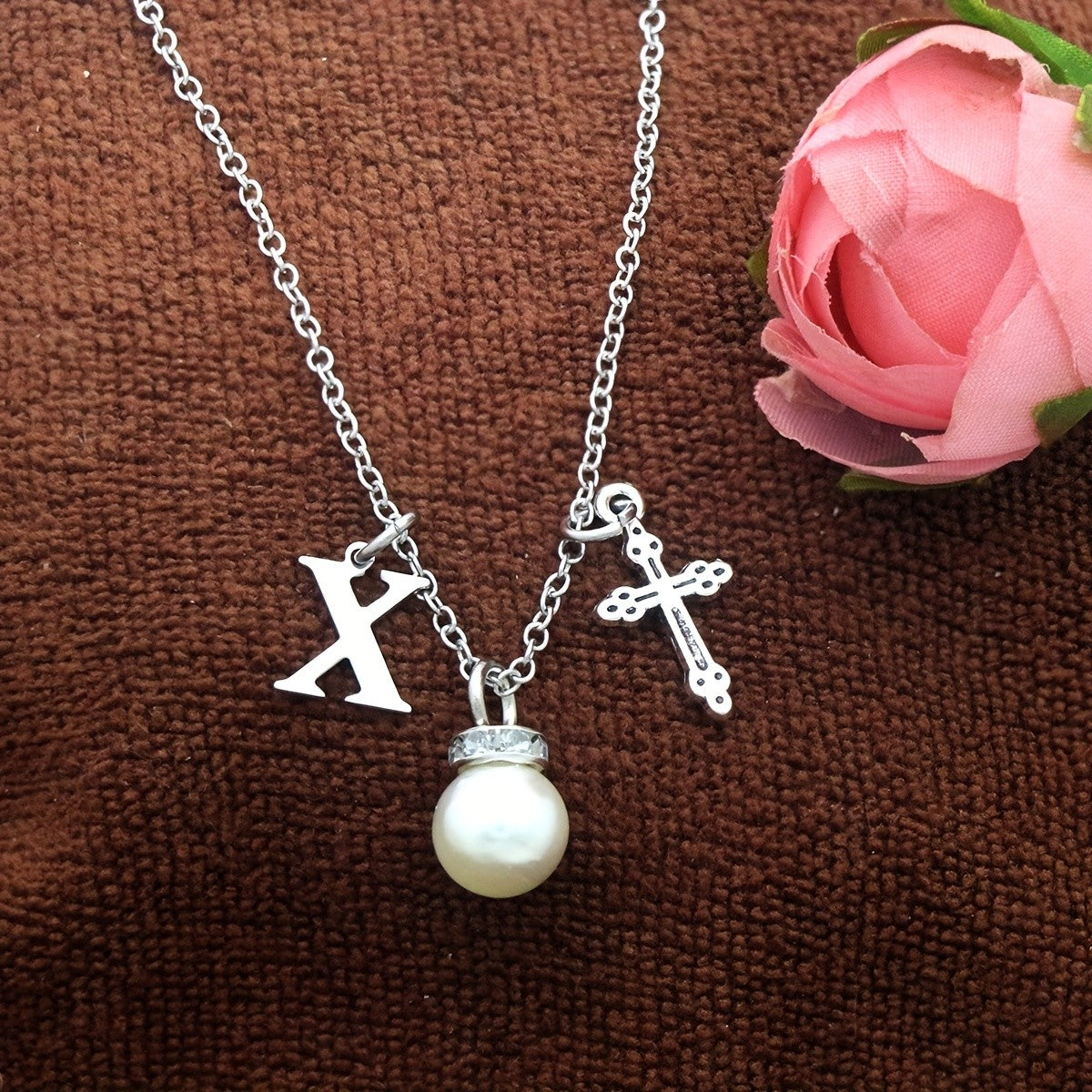 Initial Pearl & Cross Charm Necklace