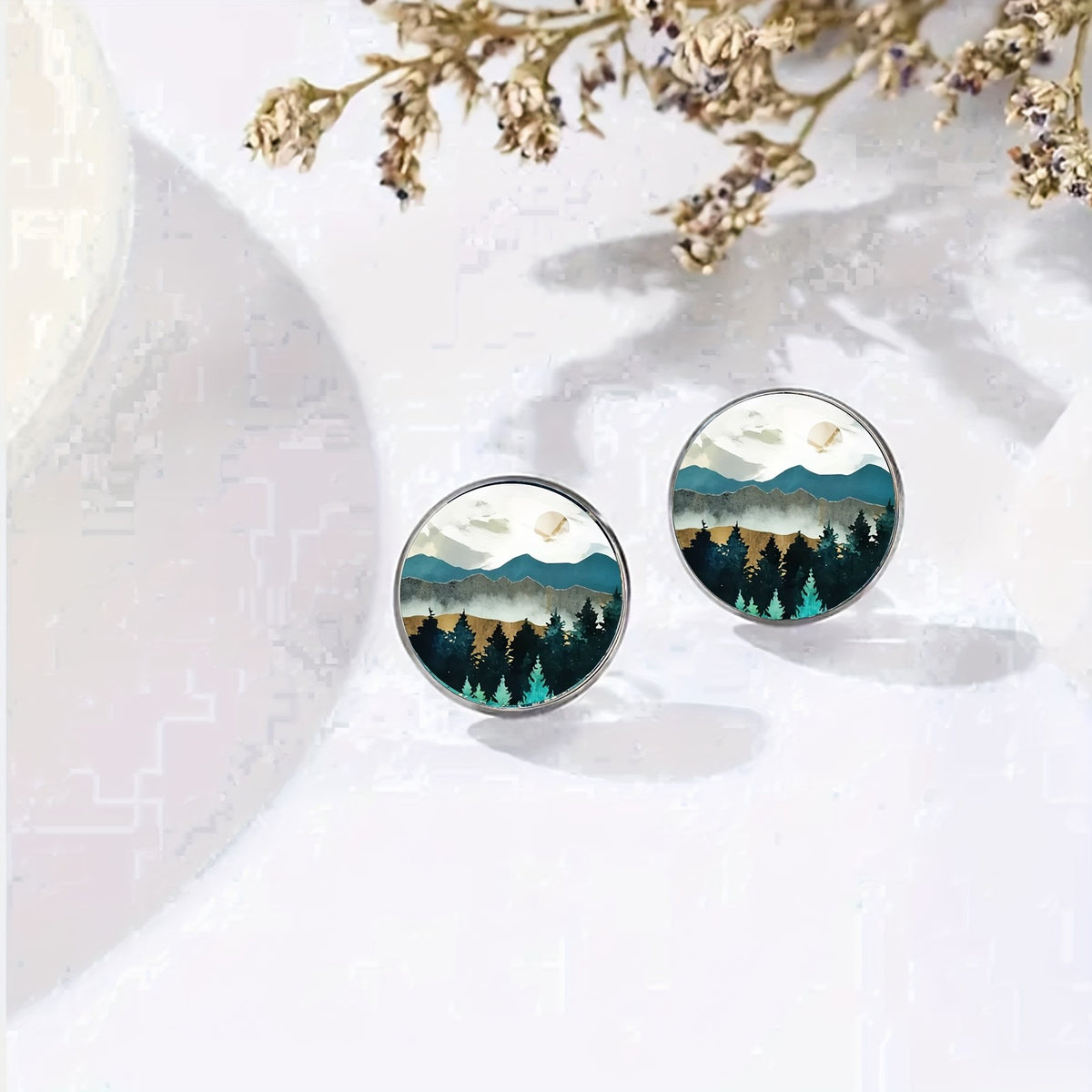 Mountain Forest Landscape Stud Earrings