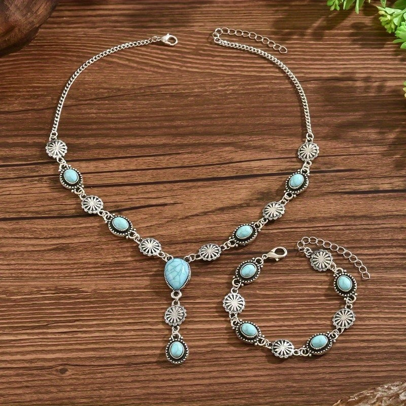Turquoise Sunburst Y-Necklace & Bracelet Set