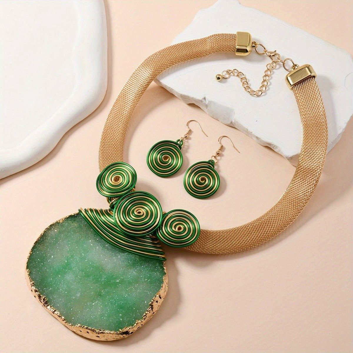 Pink Stone Spiral Necklace Set