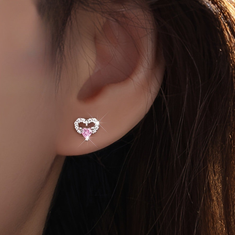Pink Crystal Open Heart Stud Earrings