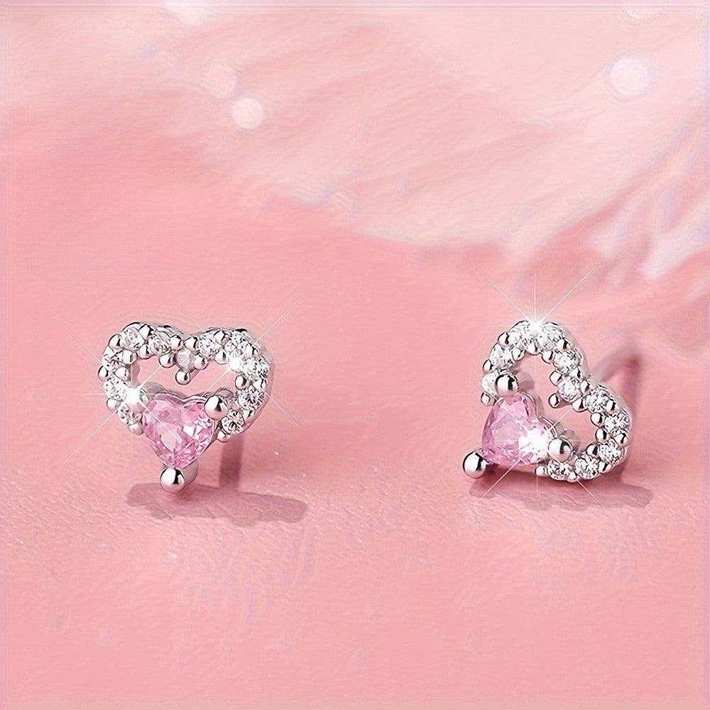 Pink Crystal Open Heart Stud Earrings
