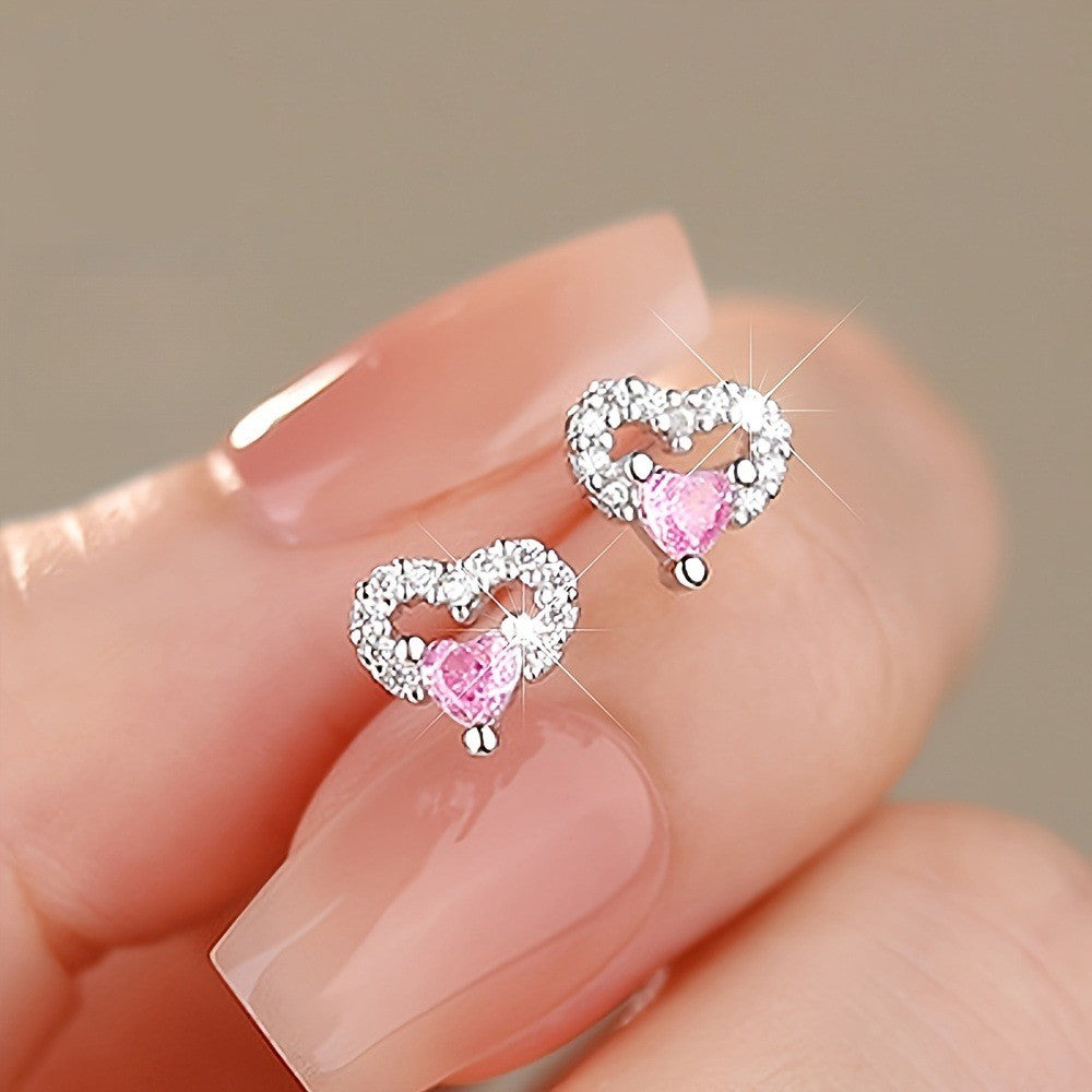 Pink Crystal Open Heart Stud Earrings