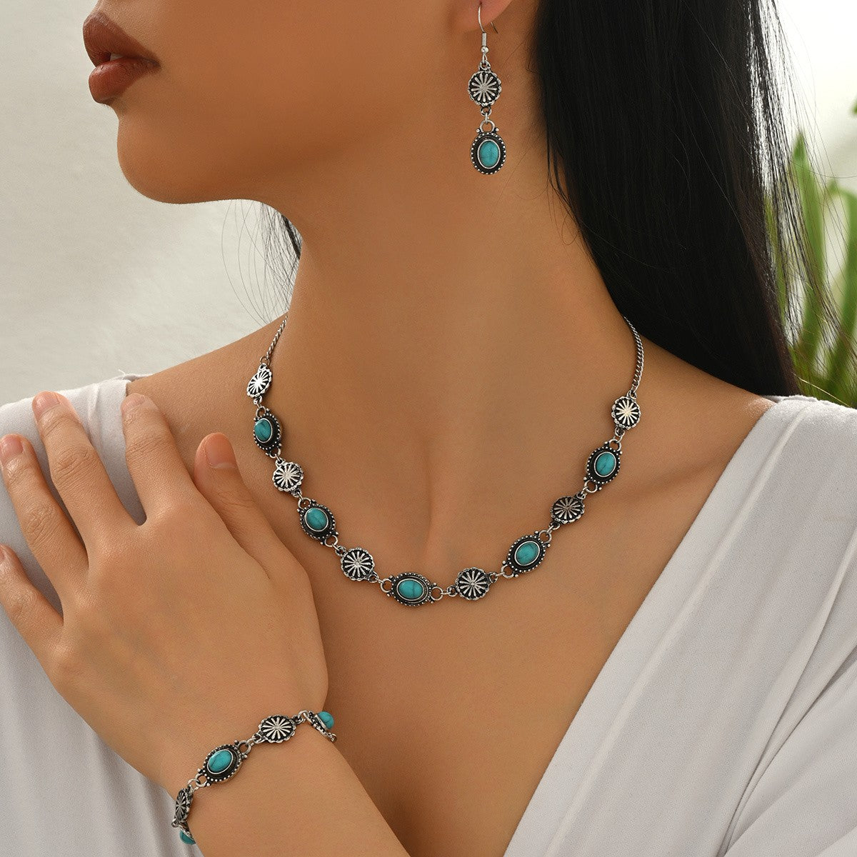 Turquoise Sunburst Link Jewelry Set