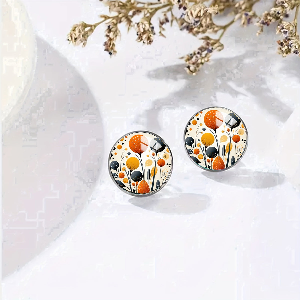 Orange Floral Glass Dome Stud Earrings