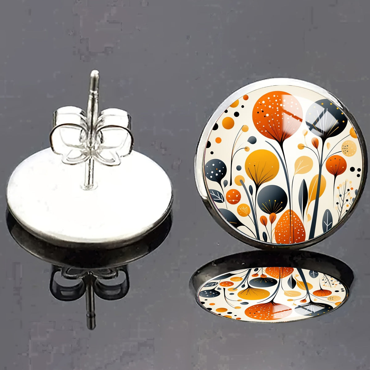 Orange Floral Glass Dome Stud Earrings