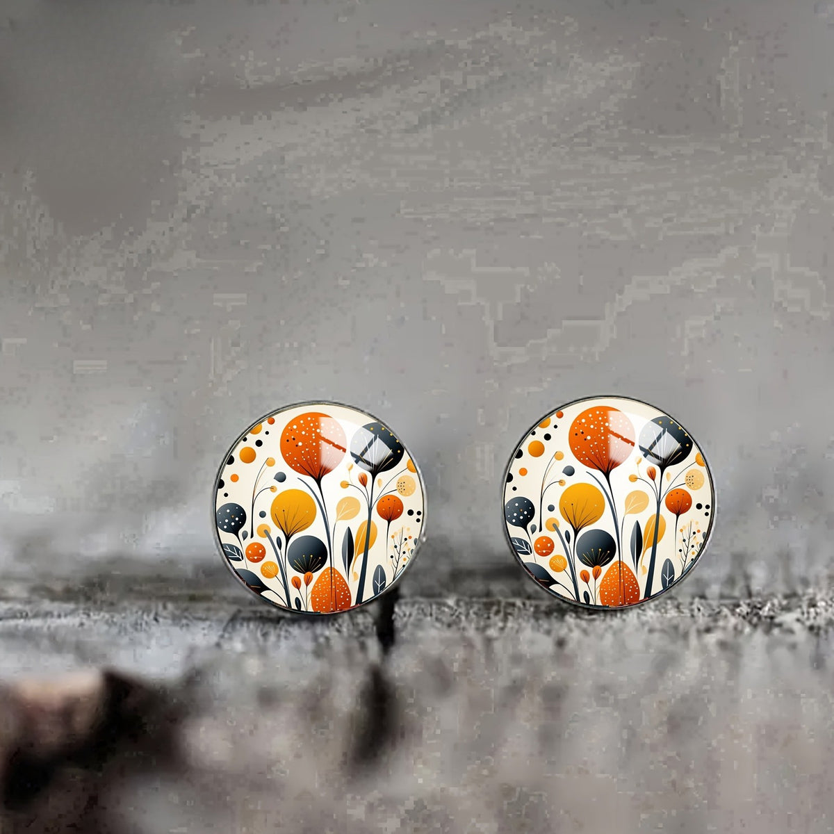 Orange Floral Glass Dome Stud Earrings
