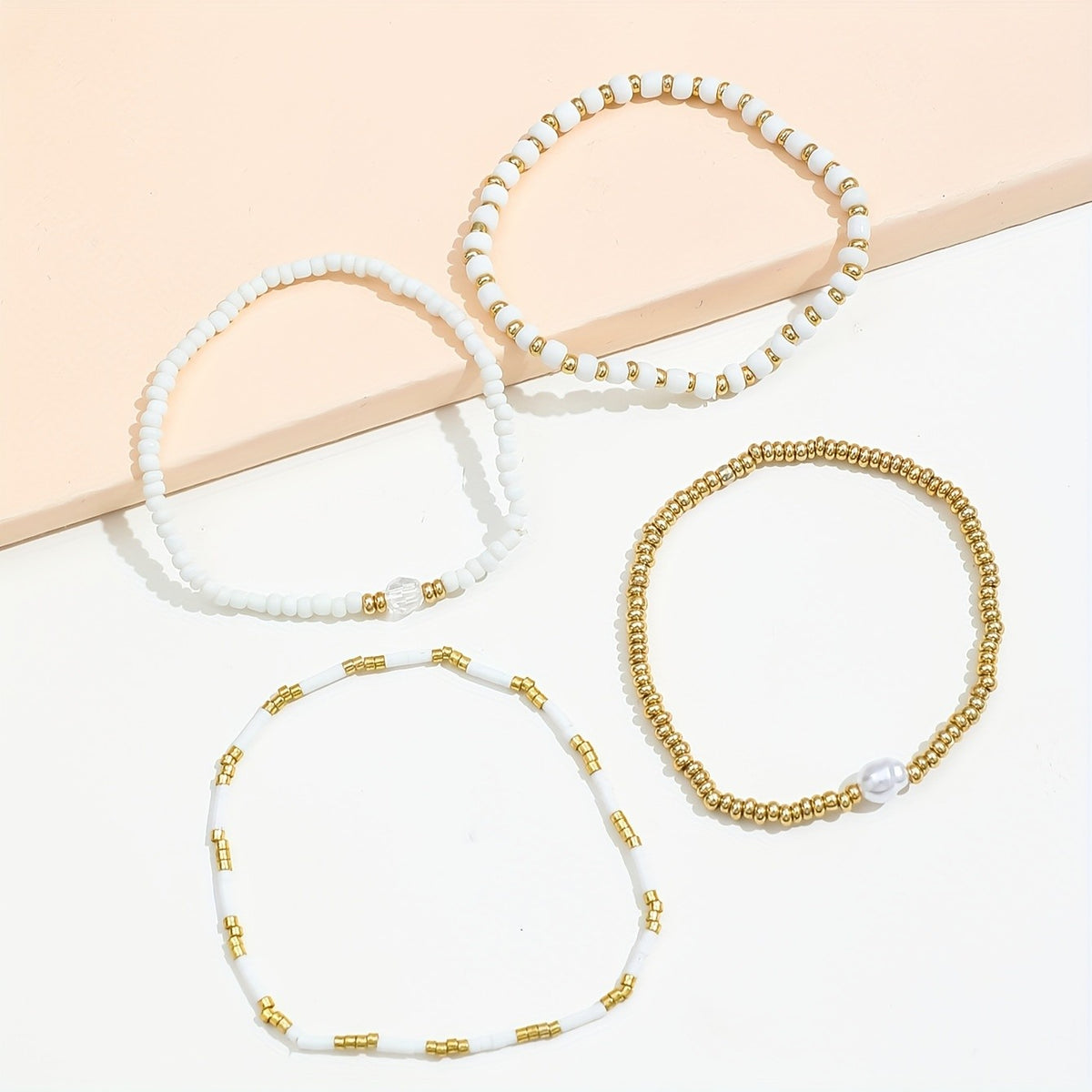 White Glass Bead & Gold Accent Bracelet Set