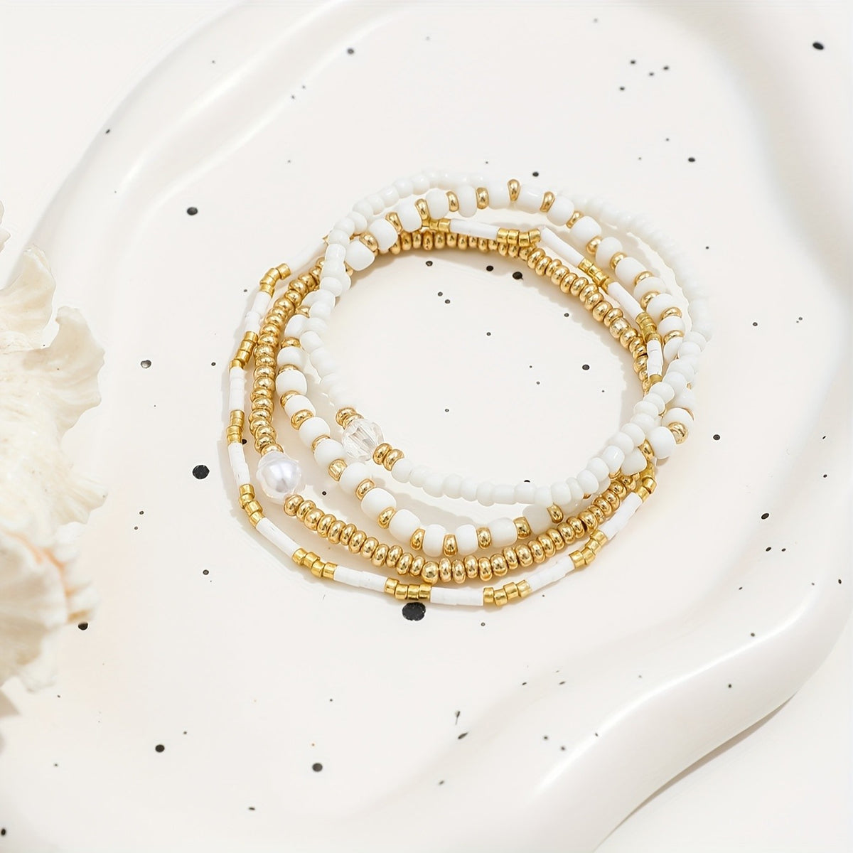 White Glass Bead & Gold Accent Bracelet Set