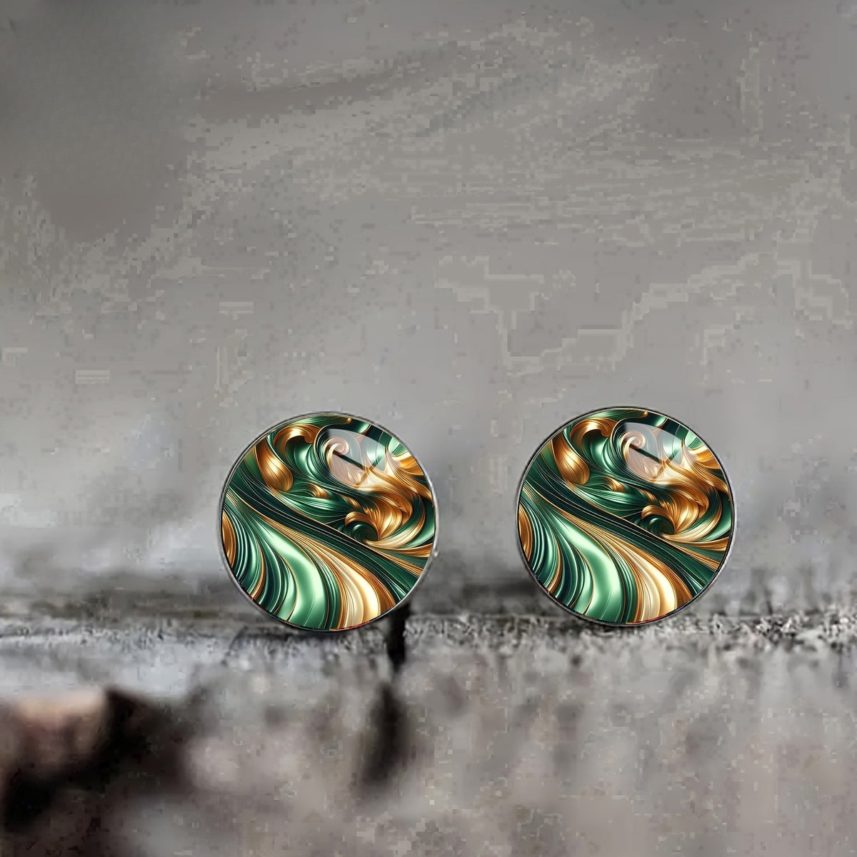 Green and Gold Marbled Wave Stud Earrings
