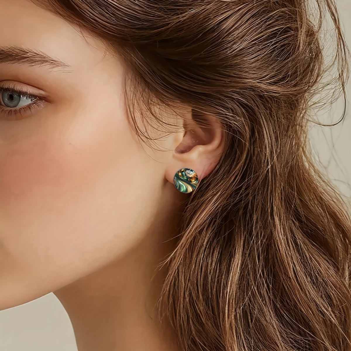 Green and Gold Marbled Wave Stud Earrings