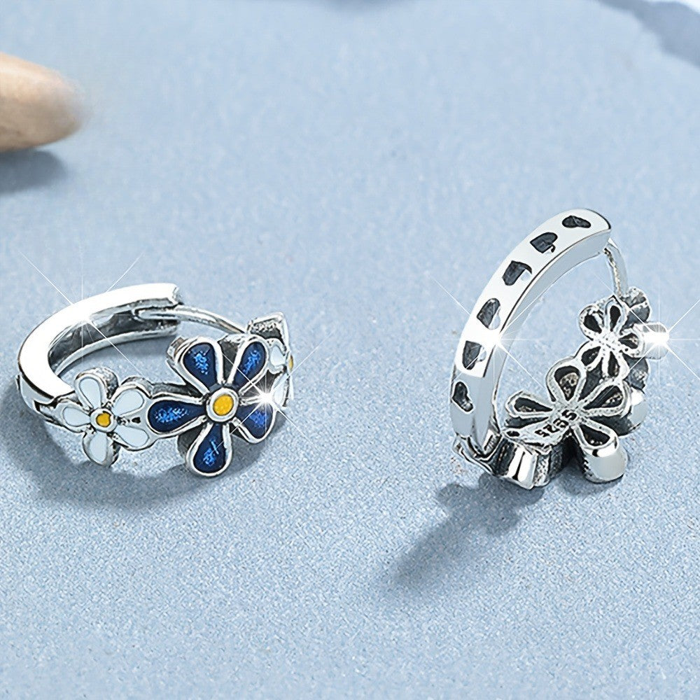 Blue Enamel Daisy Hoop Earrings