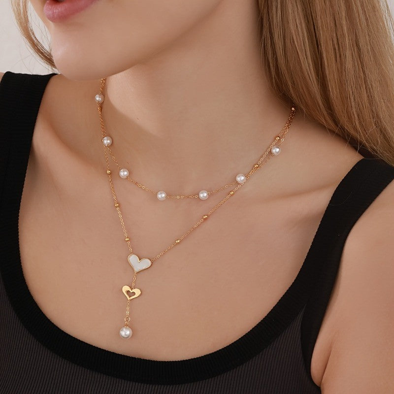 Double Heart & Pearl Layered Necklace