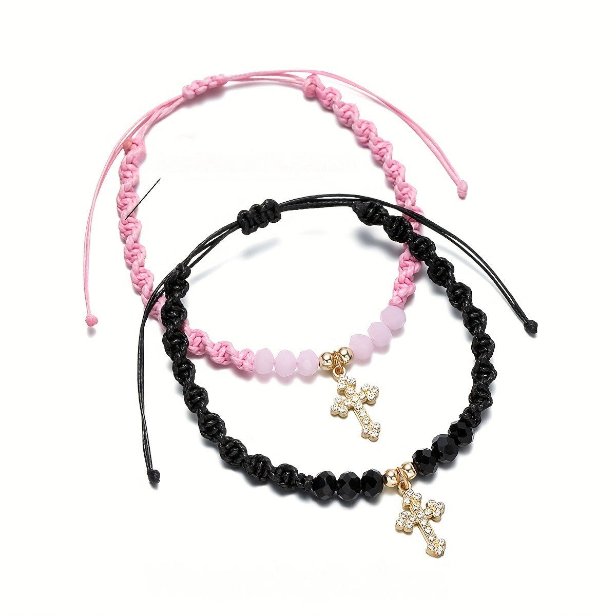 Rhinestone Cross Beaded Rope Bracelet Set