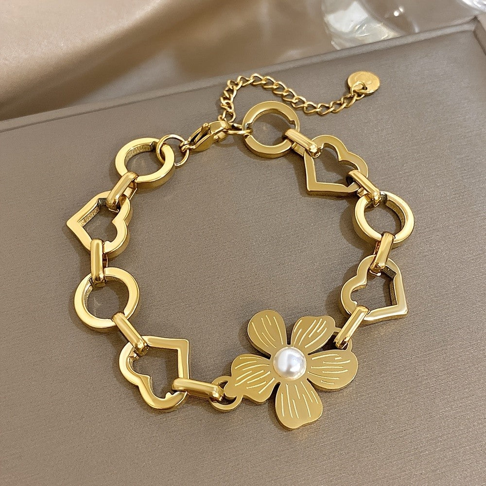 Floral Pearl Heart Link Bracelet