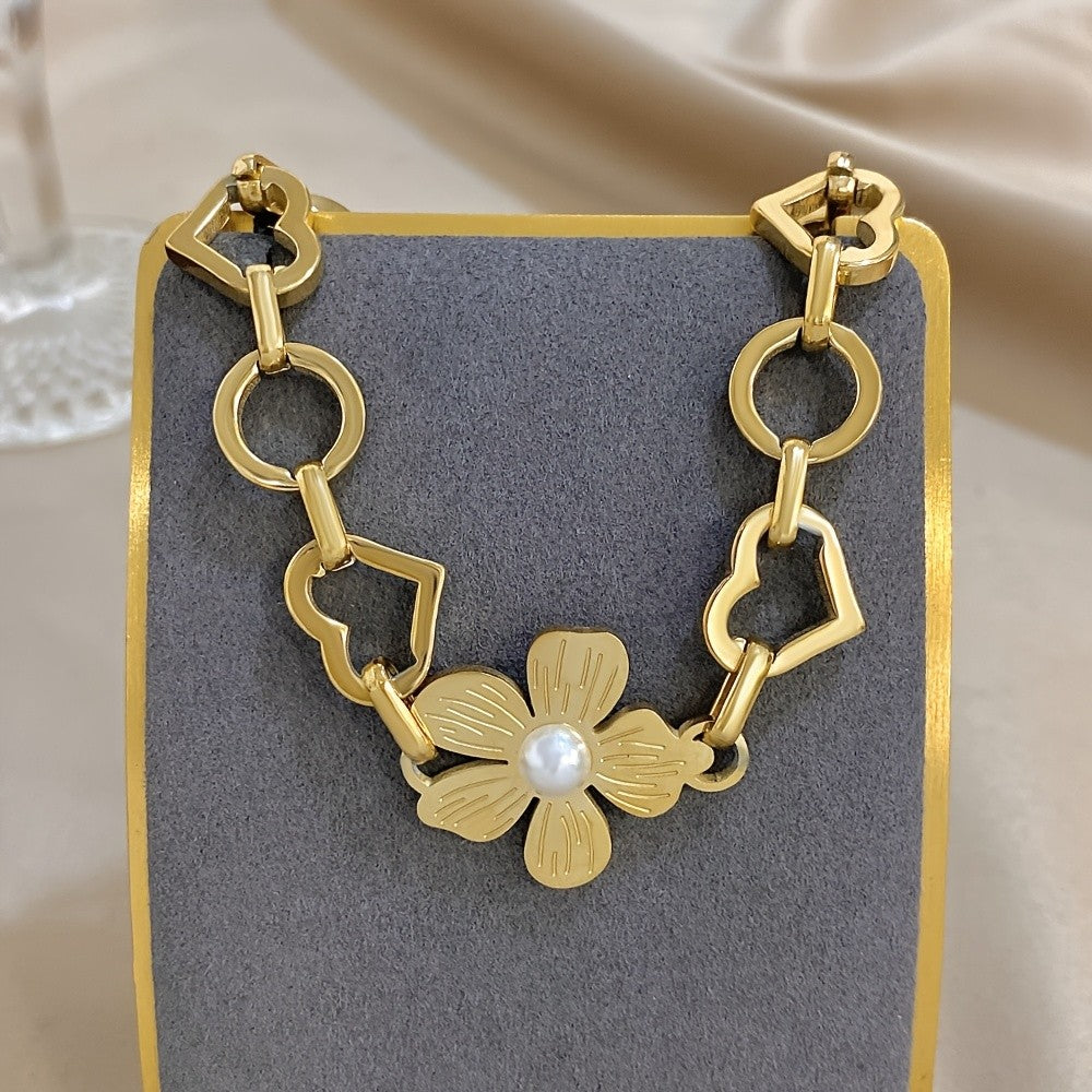 Floral Pearl Heart Link Bracelet